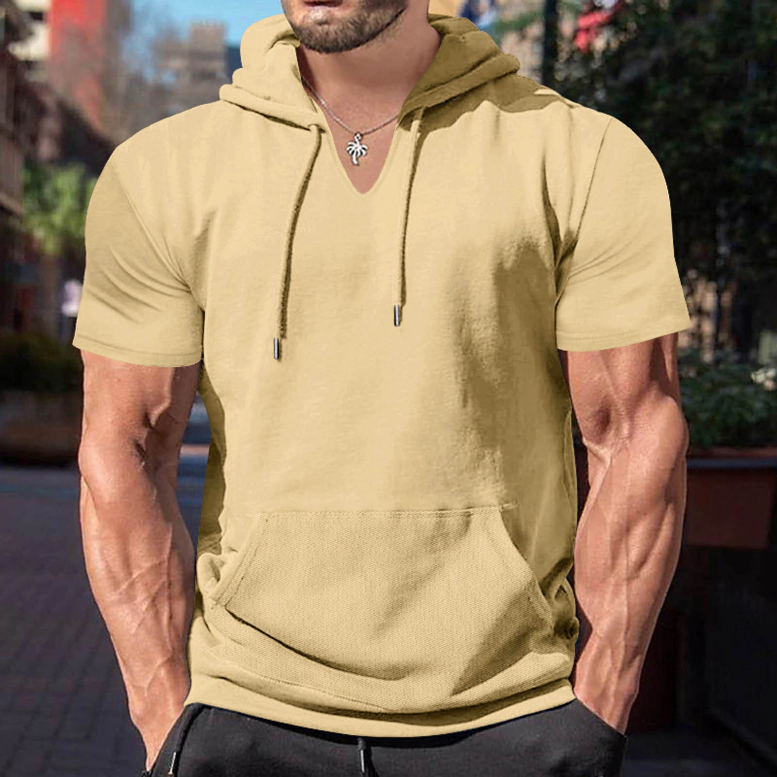 thumbnail image 2 of Sudadera con capucha de color liso para hombre - Manga corta, poliéster y spandex, informal/deportiva, tallas S-XXXL, primavera/verano, 2 of 8